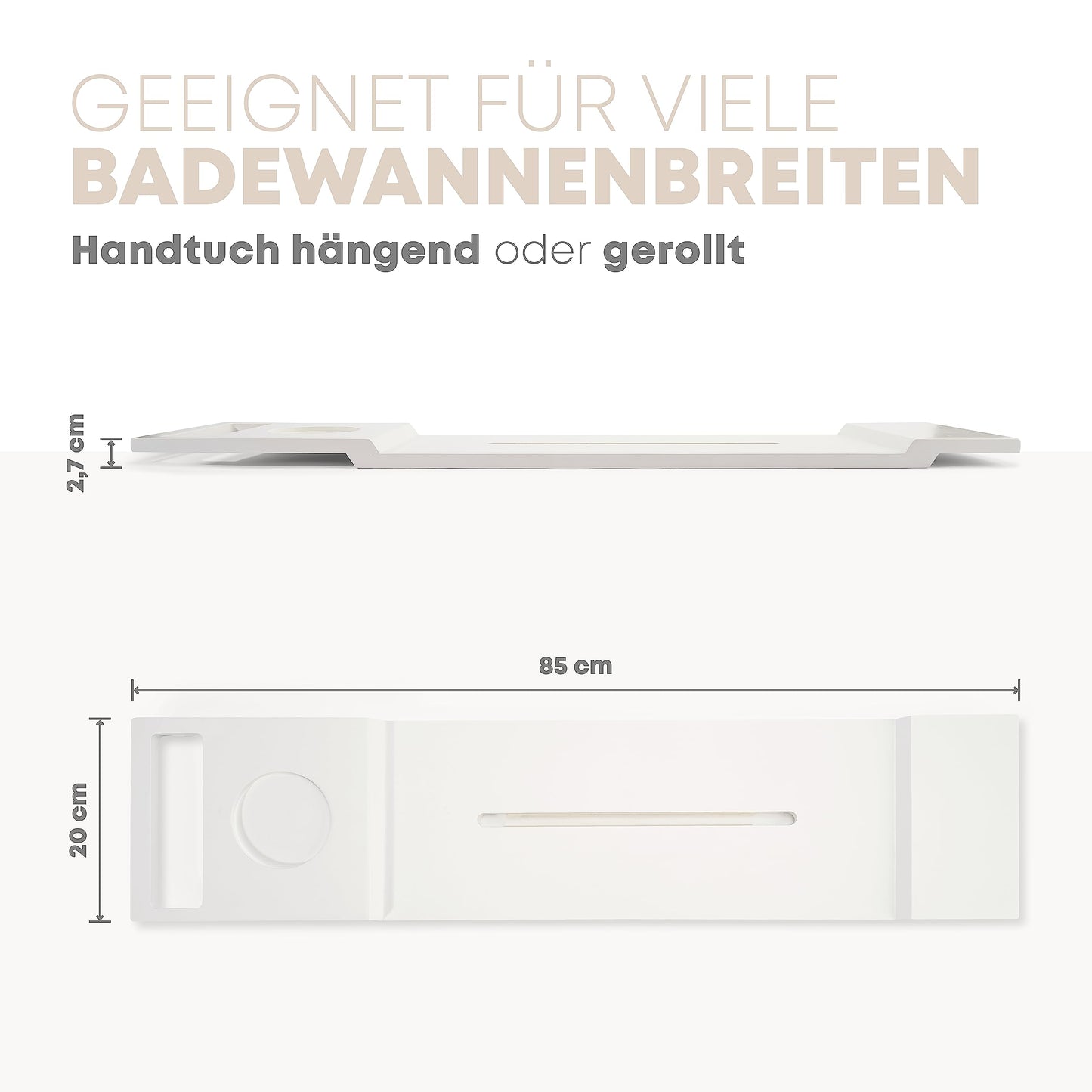 Pampeliška Premium bathtub tray in white with bamboo towel holder. Includes e-book/smartphone/tablet holder, wine glass holder, and candle holder. A luxurious addition to your bath time.