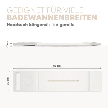 Pampeliška Premium bathtub tray in white with bamboo towel holder. Includes e-book/smartphone/tablet holder, wine glass holder, and candle holder. A luxurious addition to your bath time.