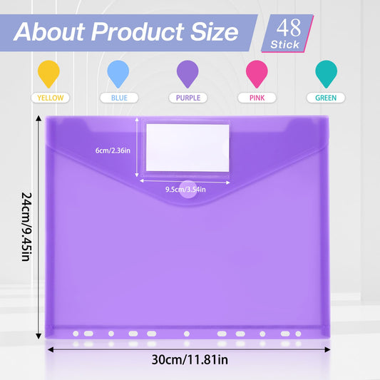 Sosayet A4 Document Bag - 48 Pack A4 Document Folder with 11 hole edge velcro closure and label pocket - Waterproof collecting folders for organizing documents (6 colors)