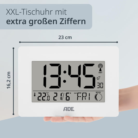 ADE Large digital radio clock with XXL digits | Table clock with calendar and day of the week | Digital clock with temperature display | Digital radio alarm clock with battery | white