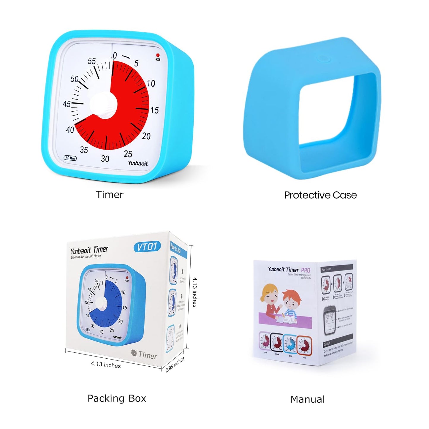 Visual timer, Yunbaoit Improved 60 minute countdown timer for kids adults with low battery alarm, quiet time management tool with optional alarm (Blue)