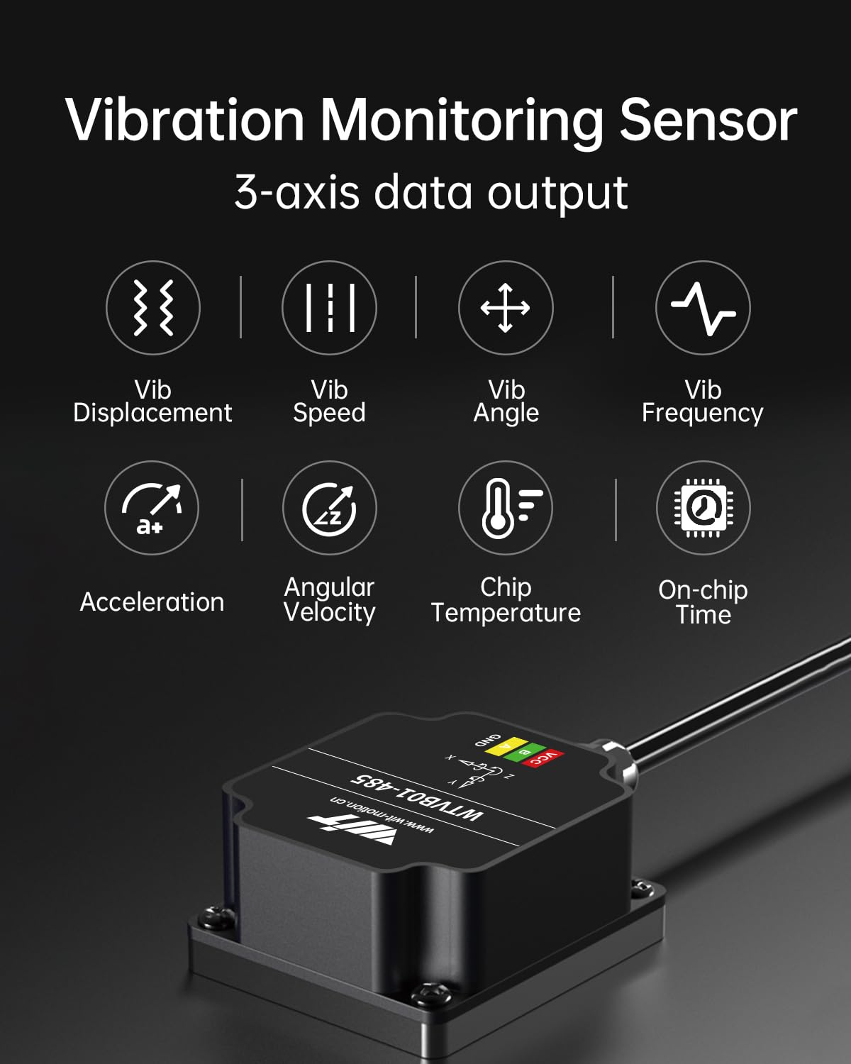 [RS485 Modbus Vibration Sensor] WTVB01-485 IP68 waterproof transducer, 3-axis acceleration vibration detector (frequency + displacement + velocity), motor monitoring module.