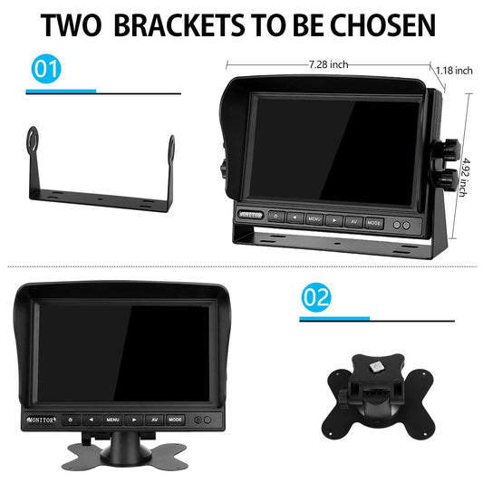 Dual rearview camera set with 7" TFT LCD vehicle monitor & two 170° wide angle rearview cameras, IP68 waterproof, 18IR night vision, for trucks/trailers/buses/vans/agriculture (12-24 Volt)