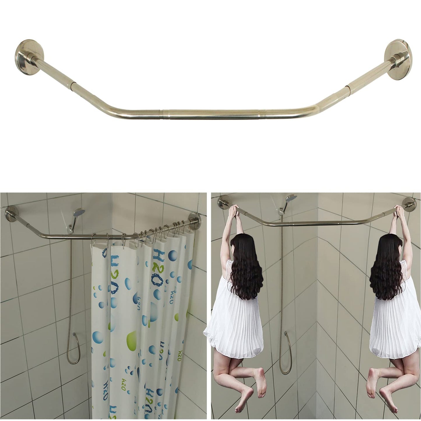 Sikaiqi Extendable 304 Stainless Steel Diamond Shape Bathroom Bathtub Corner Shower Curtain Rod (Diamond shape, both sides: 43-65 cm, center: 51cm-66 cm)