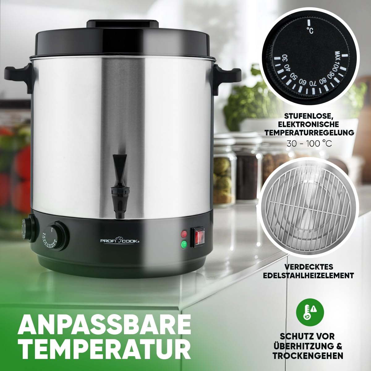 ProfiCook® 2in1 Hot Beverage & Canning Appliance | 32L Tank | Keep Warm Function | Timer | 2100W | 30°C - 100°C | Stainless Steel Canning Pot | Hot Beverage Dispenser with Tap | PC EKA 1283