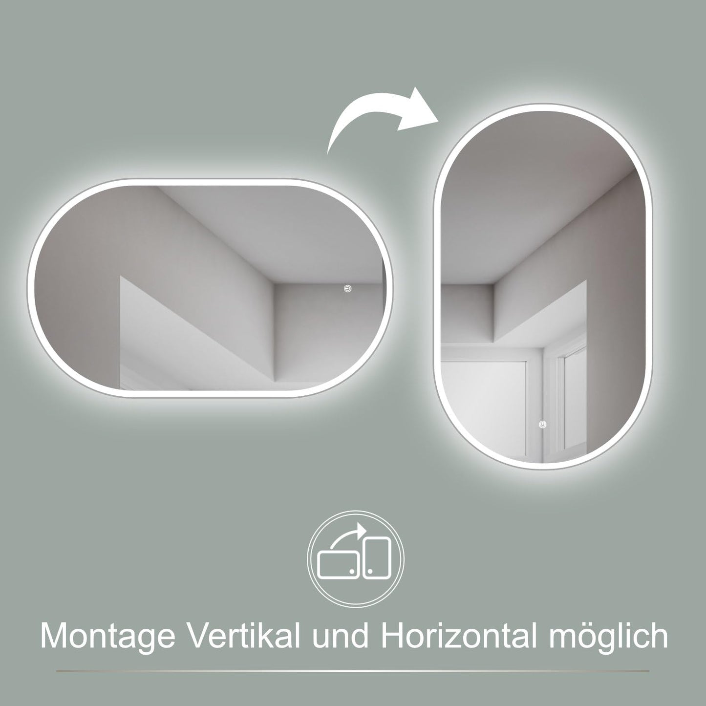 HOKO LED design mirror oval 45 x 75 cm. Can be mounted vertically or horizontally. Illuminated LED bathroom mirror, also for use as a vanity mirror. Features touch switch and adjustable LED lighting - warm white, cool white, neutral.