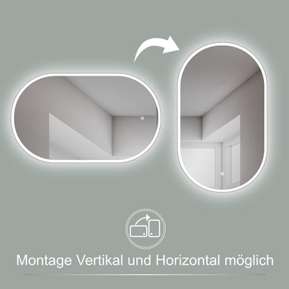 HOKO LED design mirror oval 45 x 75 cm. Can be mounted vertically or horizontally. Illuminated LED bathroom mirror, also for use as a vanity mirror. Features touch switch and adjustable LED lighting - warm white, cool white, neutral.