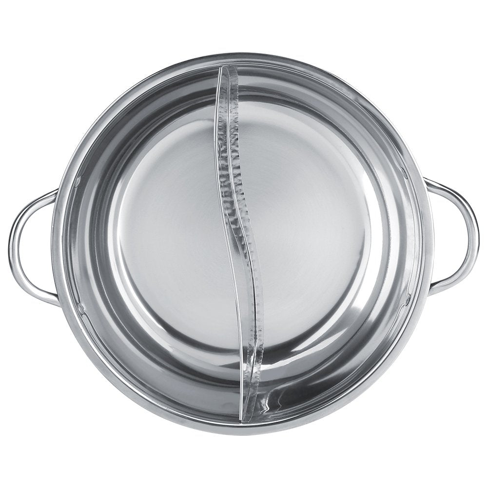 Chinese Hot Pot, Two Room Shabu-Shabu Stainless Steel Pot Deep Pot for 4-5 people, used with induction cooker/gas stove/electric oven/ceramic hob - Silver (34cm)