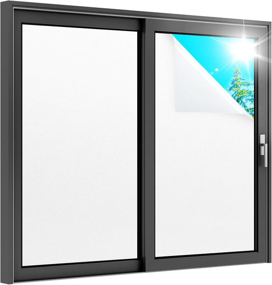 rabbitgoo Window Film Frosted Glass Film Privacy Film White 60x300cm with Grid Design for Bathroom Office Living Room Self-adhesive UV Protection Privacy Protection