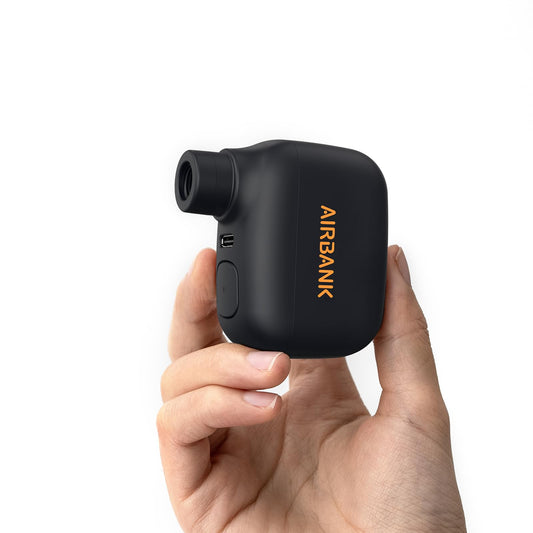AIRBANK Mini Bike Pump POCKET SE, 100 PSI electric bike air pump for road bikes, portable bike pump, bike tire inflator for Schrader and Presta valves with rechargeable battery.