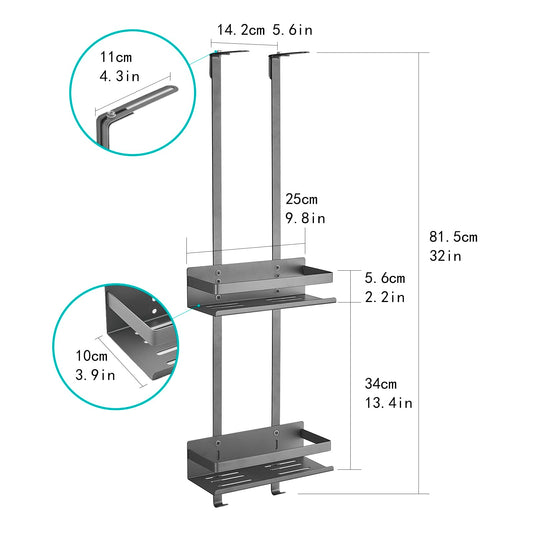 Hanfu hanging shower caddy, stainless steel with 2 baskets. No drilling required for installation. Includes hooks and suction cups for bathroom storage. Gray color.