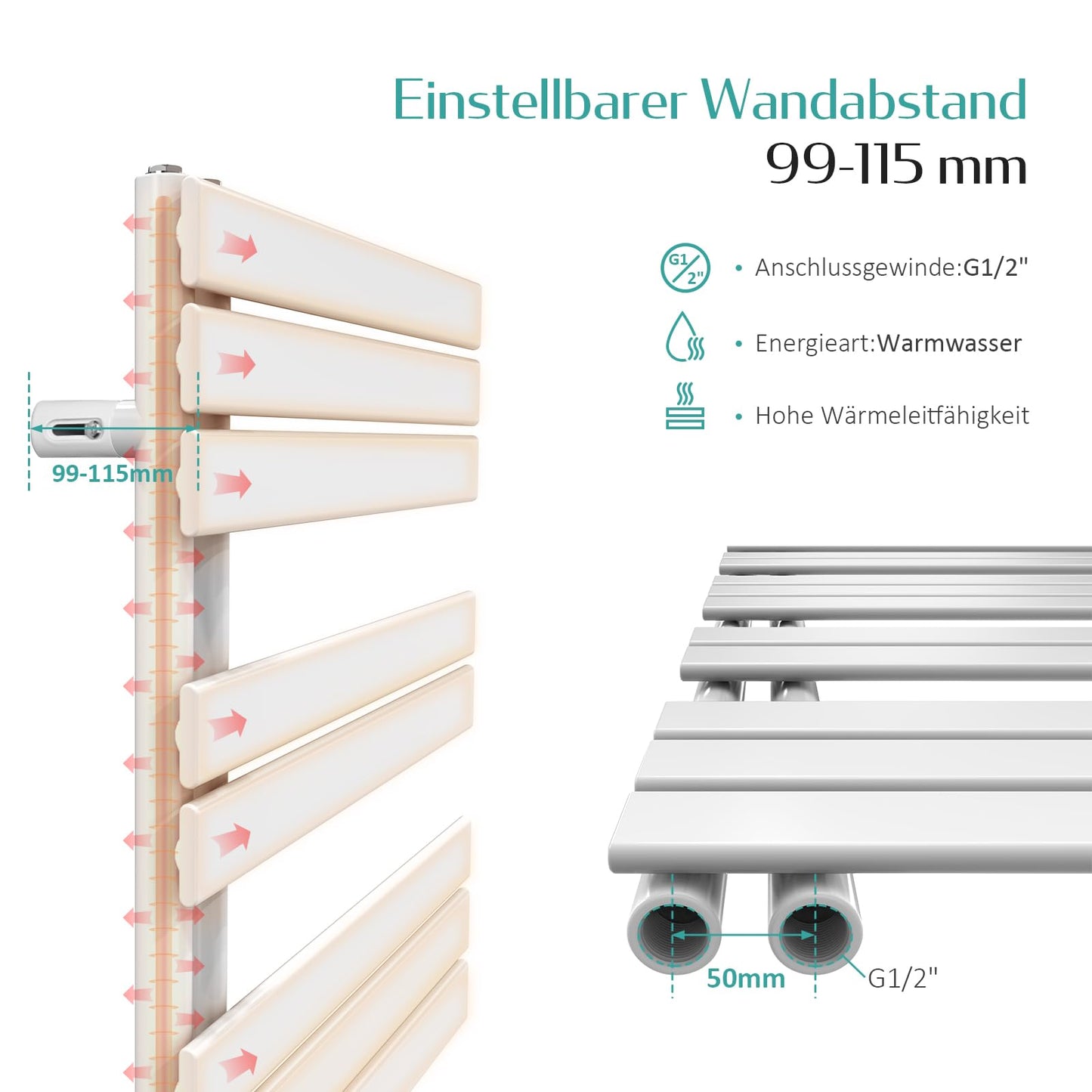 EMKE bathroom radiator 104x50 cm, towel radiator with side connections, towel warmer, towel rack, towel dryer, flat bathroom radiator, white towel heater 529W