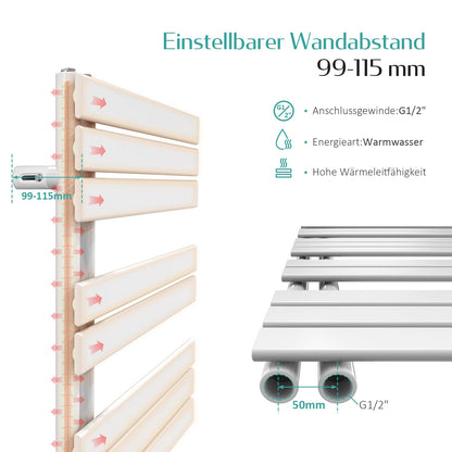 EMKE bathroom radiator 104x50 cm, towel radiator with side connections, towel warmer, towel rack, towel dryer, flat bathroom radiator, white towel heater 529W