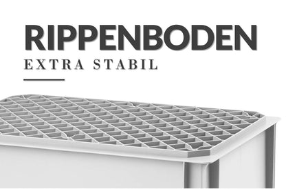 1a-TopStore Euro stacking box EB-628, 600x400x280 mm (LxWxH), reinforced ribbed bottom, grey similar to RAL7001, made of polypropylene, food-safe, 2 handles, approx. 54 liters volume.