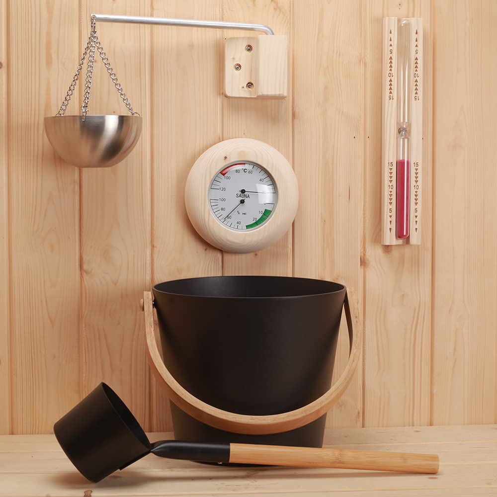 Sauna enthusiast sauna accessory set, 5-piece, 5L aluminum bucket, ladle, 15min hourglass, rounded thermometer-hygrometer, sauna aromatherapy bowl