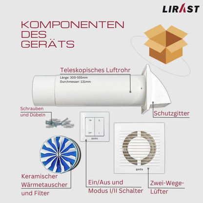 LIRAST 125mm Decentralized Ventilation System with Heat Recovery - Wall Fan with Switch - Ventilation with Heat Recovery - Recuperator with Ceramic Heat Exchanger - Air Exchanger Residential Ventilation