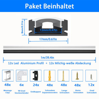 LED Aluminum Profile Black, 12X1M Strip Profile Rail V Shape Channel for 12mm LED Strips, Stripes Aluminum Profile Corner Profile Bar Diffuser Channels with Milky White Cover and 90 Degree Corner Connectors