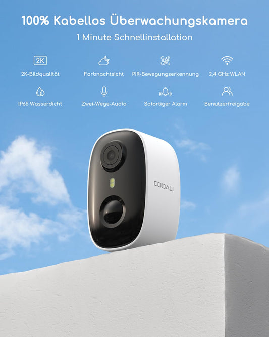 COOAU 2K WiFi6 Outdoor | Indoor Battery-Powered Wireless Rechargeable IP Camera with PIR Motion Detection, Long Time Standby with Color Night Vision and 2-Way Audio, IP65