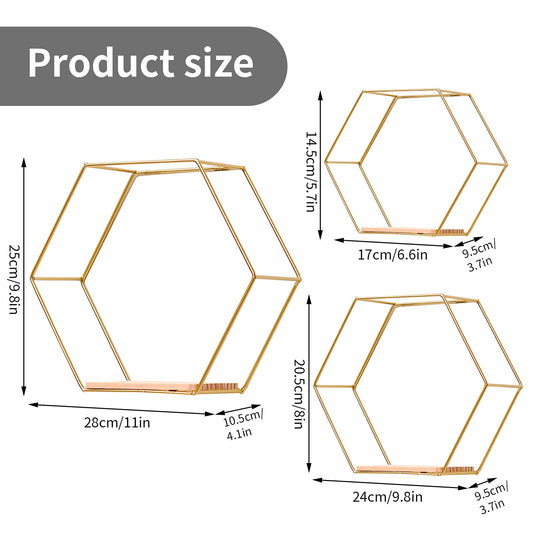 Hexagon wall shelf metal 3 piece set, gold decorative hanging shelf loft wall shelves, wall shelf for wall decor in living room, bedroom, bathroom, café, and hotel