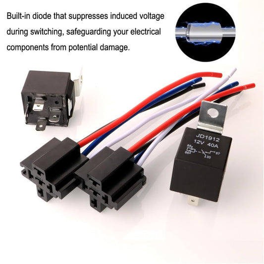 5-piece JD1912 auto relay wiring harness, 12V, 40A, 4-pole, SPST, 12 AWG, harness sockets with built-in diode for cars, trucks, vans, motorcycles, boats.