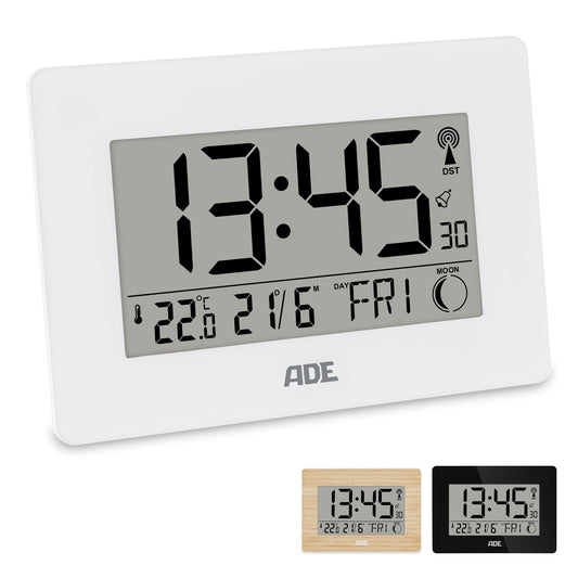 ADE Large digital radio clock with XXL digits | Table clock with calendar and day of the week | Digital clock with temperature display | Digital radio alarm clock with battery | white