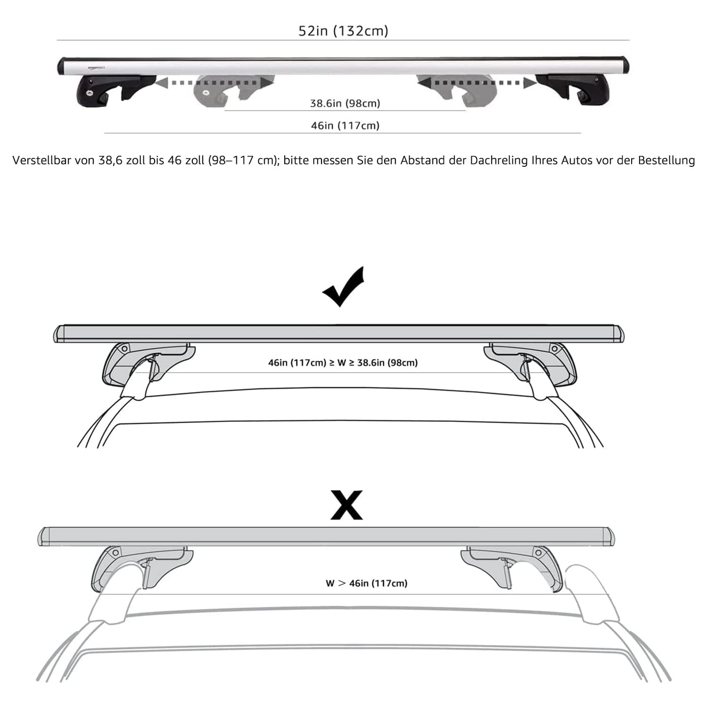 Amazon Basics Roof Rack with Cross Bars, 132 cm, for spans up to 117 cm between raised side rails with gap, 2-pack, Black/Silver