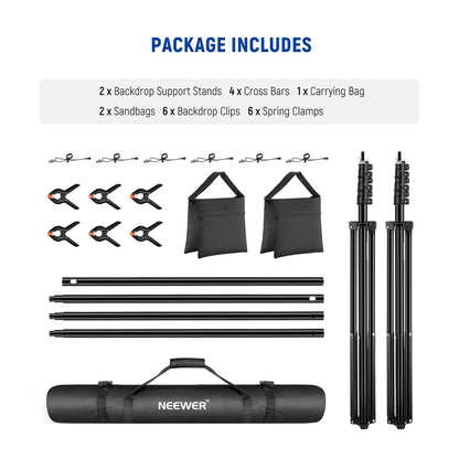 NEEWER 8.5x10ft Adjustable Background Stand Set, Photography Background Support System with 4 Crossbars, 6 Spring Clamps, 6 Background Clips, 2 Sandbags, and Carrying Bag.