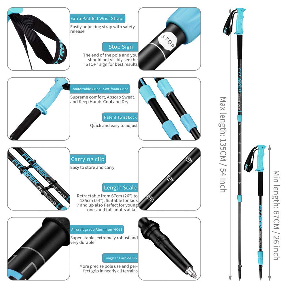 FitTrek hiking poles - Telescopic walking sticks - Adjustable lightweight Nordic walking stick for women, men, and children with rubber buffer, pads, and bag.