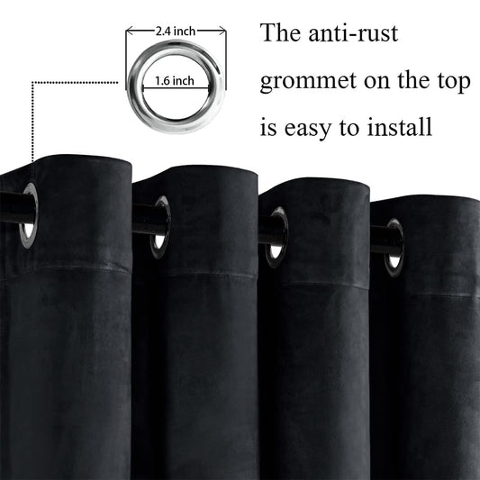 JIUZHEN Velvet Blackout Curtains, 2 pieces soft opaque drapes with grommets for bedroom, 140x225cm (width x height), Black