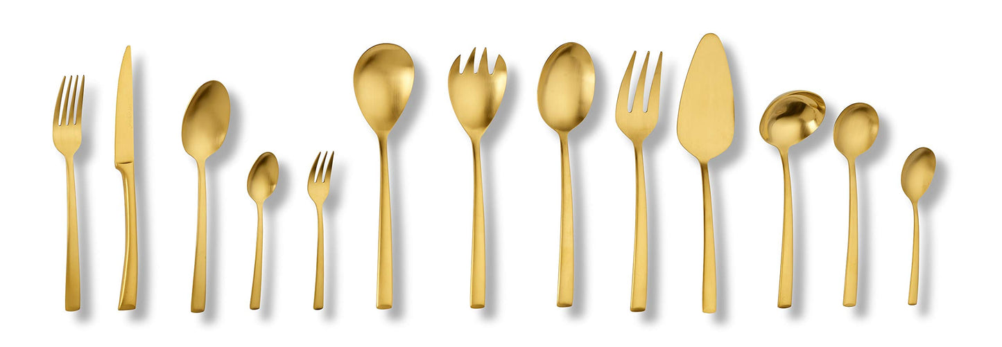 "Avelino" 68-piece PVD gold matte stainless steel flatware set by Echtwerk for 12 people. Includes storage case.