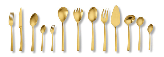 "Avelino" 68-piece PVD gold matte stainless steel flatware set by Echtwerk for 12 people. Includes storage case.