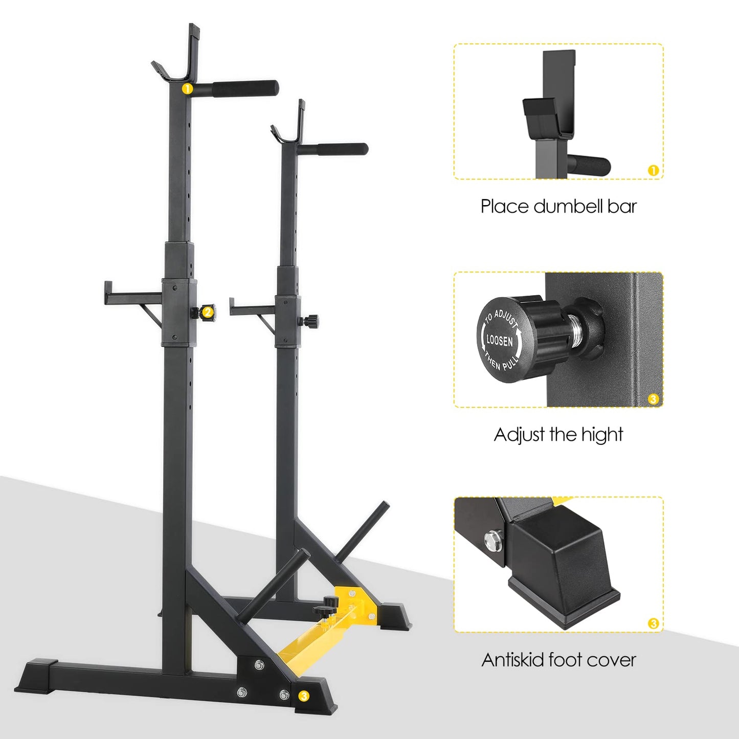 LIFERUN Squat Rack barbell stand, squat stand, adjustable barbell rack height adjustable, multifunctional barbell rack for gym home weightlifting bench press up to 250 kg (Yellow)
