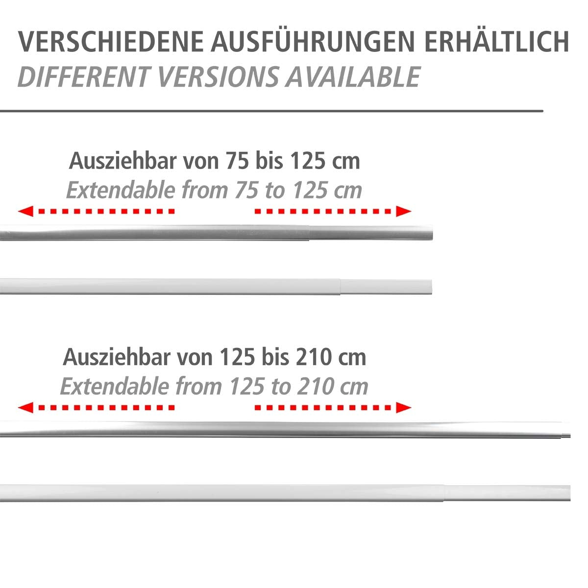 WENKO Telescopic Shower Curtain Rail Era White, extendable rail made of rust-free aluminum, for hanging all shower curtains, including attachment without drilling, 75-125 x 2 x 3.5 cm