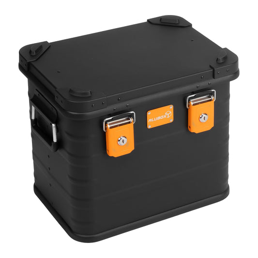 Aluminum box lockable E31B - Premium aluminum storage box 31 liters - lid with aluminum die-cast stacking corners and rubber seal - including locks - black lacquered