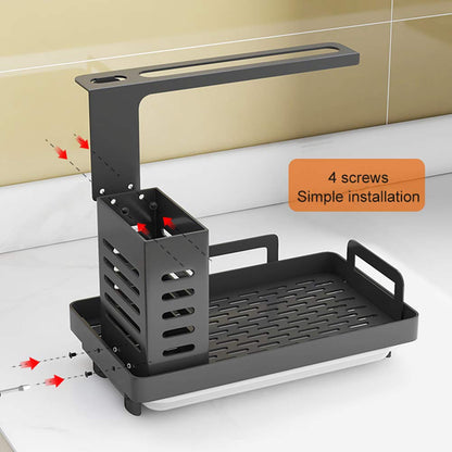 Shunfaji Sink Organizer Stainless Steel Utensil Basket for Kitchen & Bathroom with Drain Pan, Adhesive Countertop Dual-Use Sponge Brush Soap Dish Holder