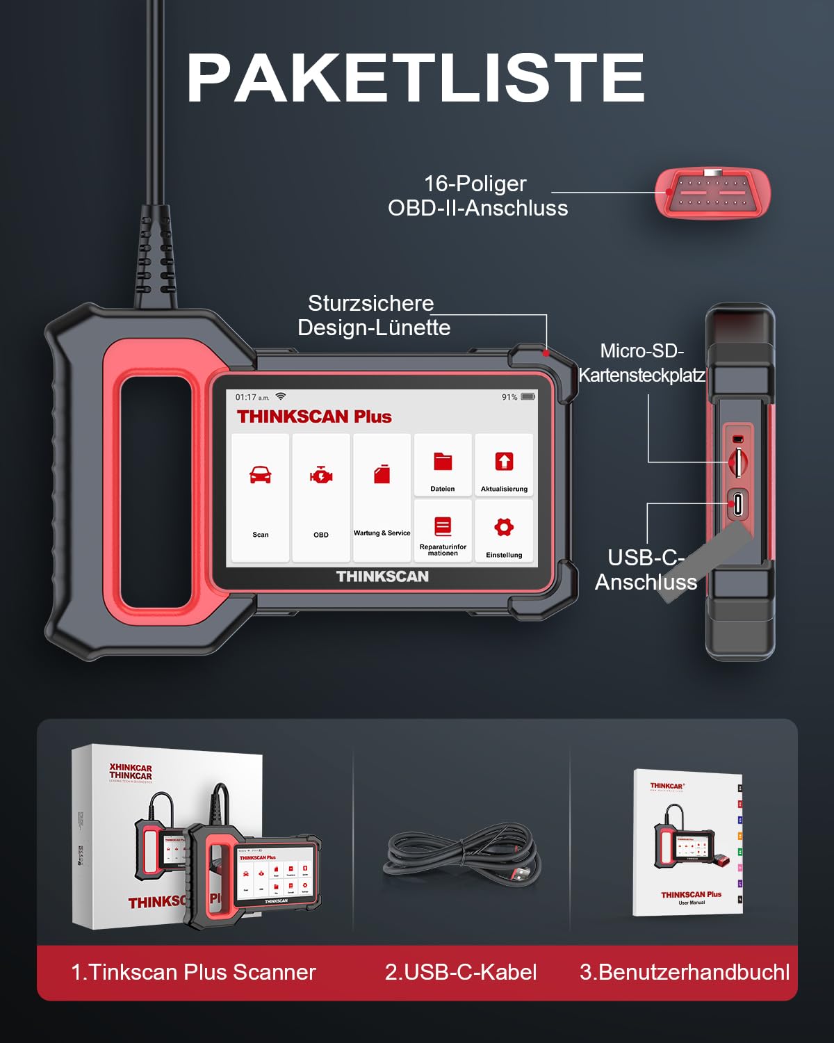 thinkcar OBD2 diagnostic tool, ThinkScan Plus S5 car diagnostic tool with 4 system diagnosis (engine/SRS/ABS/transmission), for Android 7.0, automatic VIN.