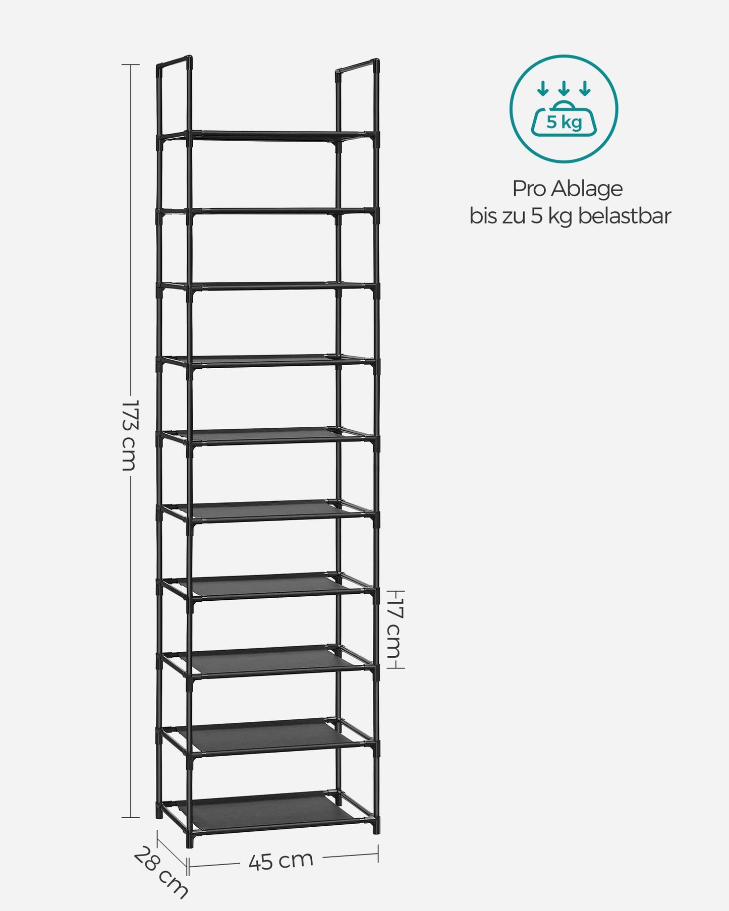 SONGMICS Shoe Rack, 10 Tiers, Shoe Shelf, Shoe Storage, Narrow, 28 x 45 x 173 cm, Metal Frame, Shelves with Non-Woven Fabric, for Entryway, Bedroom, Black LSH010B02