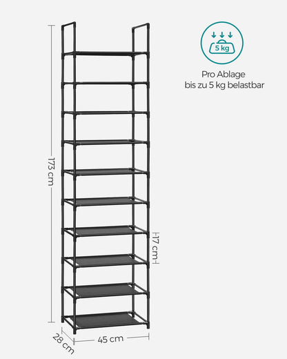 SONGMICS Shoe Rack, 10 Tiers, Shoe Shelf, Shoe Storage, Narrow, 28 x 45 x 173 cm, Metal Frame, Shelves with Non-Woven Fabric, for Entryway, Bedroom, Black LSH010B02