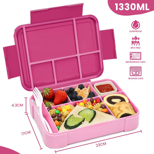 Bugucat lunch box for kids with compartments 1330ML, leak-proof bento box with 6 compartments utensil set, snack box breakfast box for girls boys