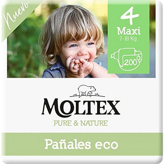 Moltex Pure & Nature 200 white Eco diapers with printed design, Size 4 (9-15 kg), 4 bags of 50 pieces.