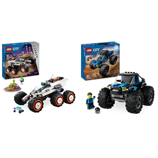 LEGO City Space Rover with Aliens, Car Set with Robot and Alien Toy Figures & City Blue Monster Truck, Off-Road Car Toy, Vehicle Set with Racing Driver Minifigure