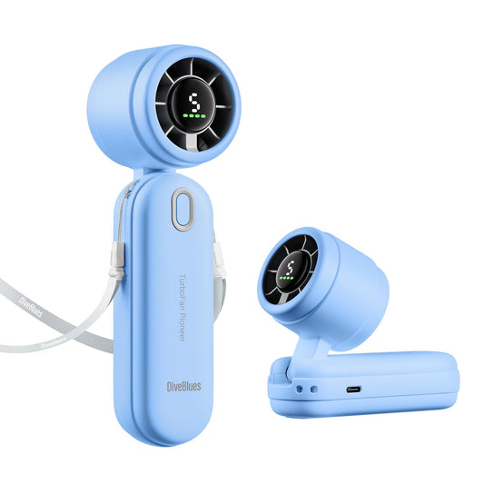 Diveblues 3-in-1 handheld turbo fan with 4000mAh USB rechargeable battery, 5 speeds, foldable portable design, up to 12 hours runtime, perfect for travel, camping, and outdoor use.