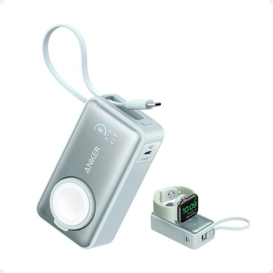 Anchor MagGo Powerbank for Apple Watch, officially certified, 10,000mAh compact battery pack with integrated USB-C cable, 35W Max., for iPhone 17/16/15 Series, Samsung, iPad, AirPods, and more.