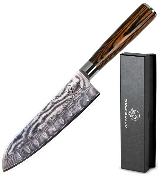 Wolfblood Damascus Santoku Knife XL (30cm) Professional chef's knife made of authentic 67 layer Damascus steel. Damascus kitchen knife with wooden handle. Comes in a gift box with blade guard.