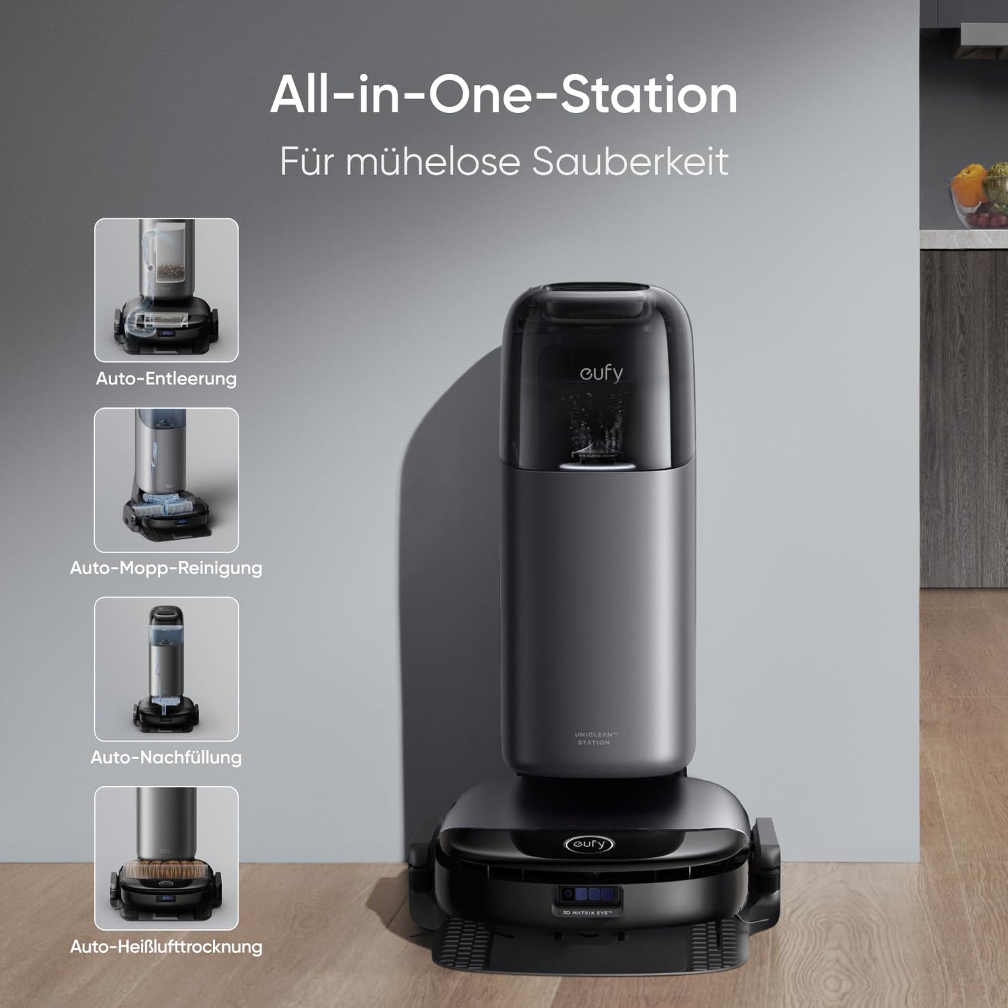 eufy S1 Pro HydroJet robot vacuum with mopping function, HydroJet cleaning system, Eco-Clean ozone, auto mop roller cleaning, 8000Pa, 10-in-1 station, obstacle detection, auto cleaner dosing.