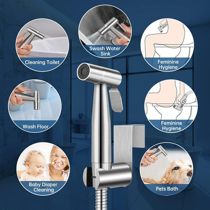 Bidet Handheld Sprayer Set, Premium Stainless Steel Brushed Bidet Handheld Sprayer, Bidet Sprayer for Shower Bathroom Hygiene Toilet Paper Diaper Cleaning, with G1/2" Valve and a G3/8" Adapter.