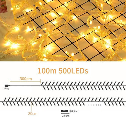 Avoalre 500 LED outdoor string lights 100M, IP44 waterproof warm white string lights, 8 modes with memory function outdoor Christmas lights for Christmas garden party birthday