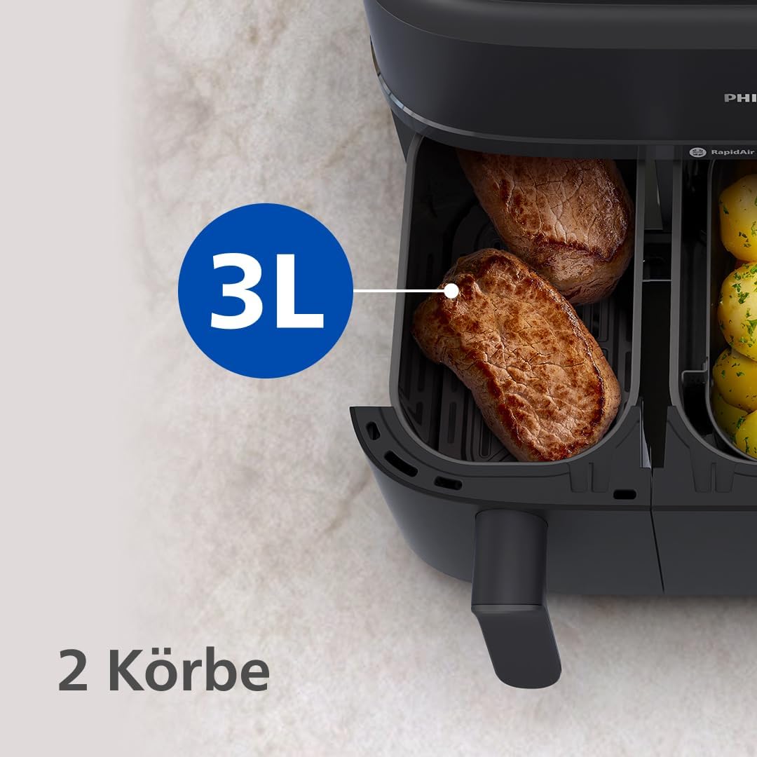 Philips Steam Airfryer 5000 Series Dual Basket - Airfryer & Steamer in one device, 9L, RapidAir Plus Technology, 19 cooking functions, 90% less fat, 2 baskets, steam cleaning (NA550/00)
