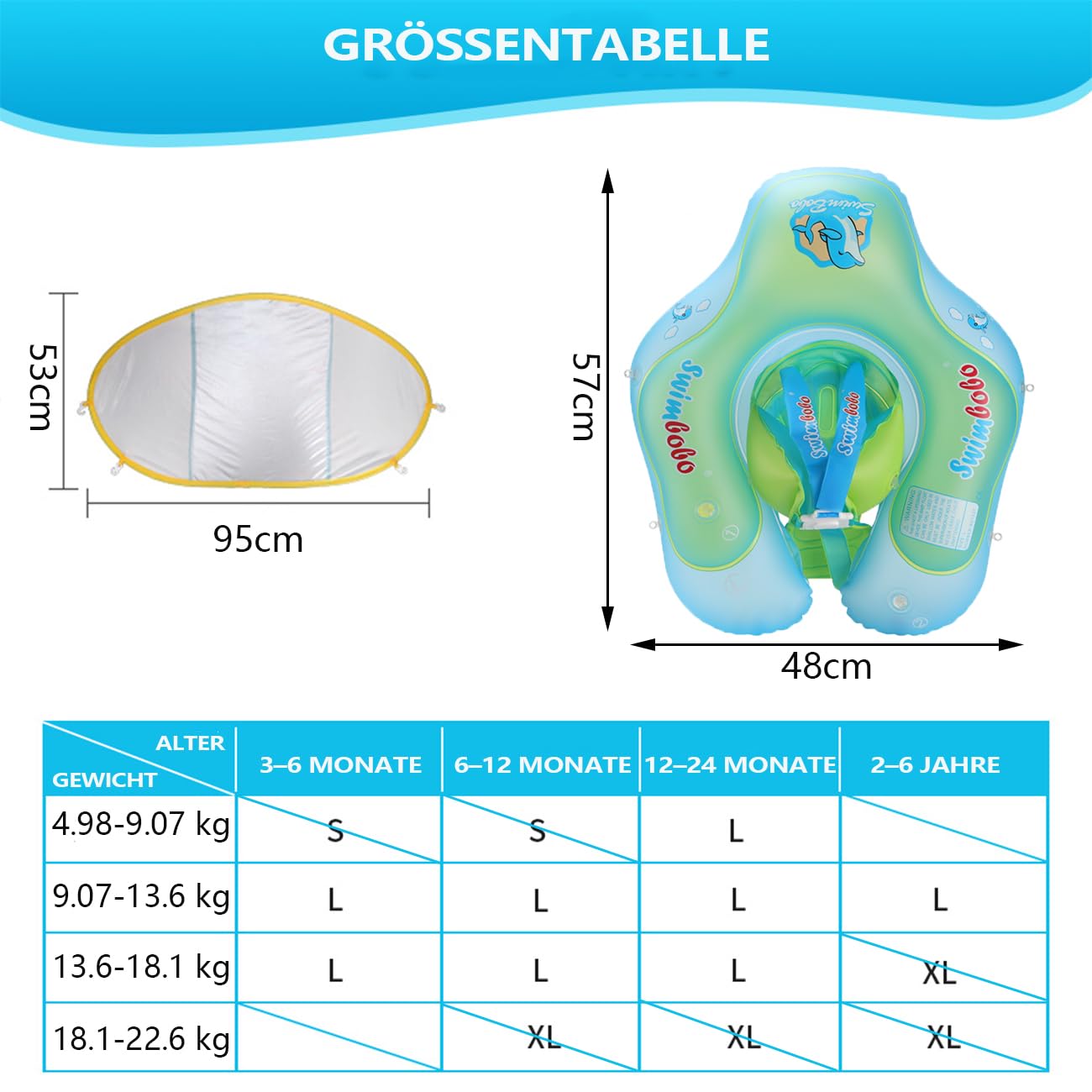 Baby swim ring with detachable sunshade & safety belt - non-toxic swim aid for 3-48 months old - Includes air pump & anti-slip seat (Blue, L)
