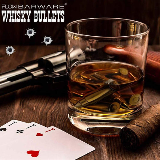 Flow XL Whiskey Bullets with Ammo Holder Stainless Steel Whiskey Stones Reusable Metal Ice Cube Tray Gift for Men Whiskey Accessories Silver